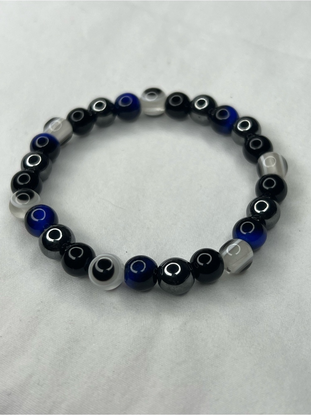 Men's Beaded Bracelet - Black zinc, Blue Tiger eyes & White evil eye